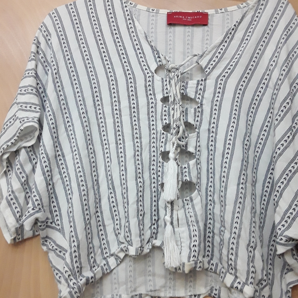 White Stripe Boho Western Tie Crop Top Akira